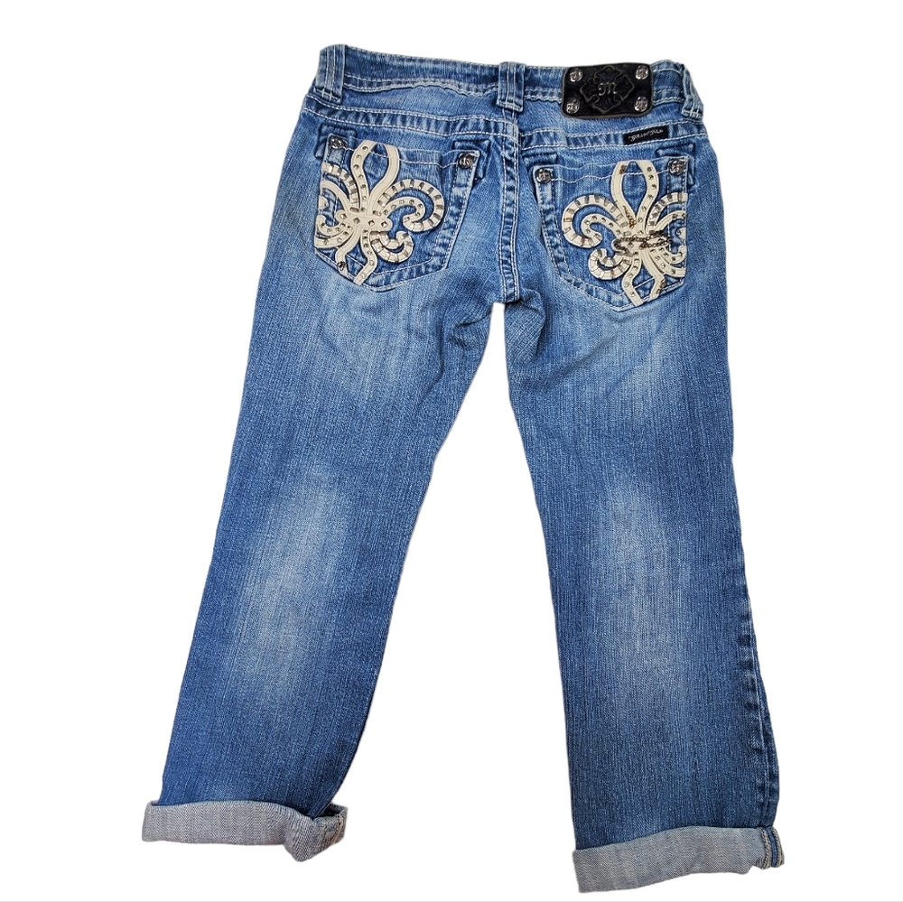 MISS ME Capri Cuffed Jeans Fleur De Lis Pockets Sz 26 Blue Bling